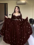 DESIGNER GEORGETTE THREAD WITH SEQUENCE WORK GOWN BOTTOM WITH DUPATTA BROWN