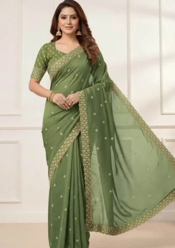DESIGNER GEORGETTE VAL SEQUENCE EMBROIDERY CONTRAST PALLU WORK SAREE WITH UNSTITCHED BLOUSE PISTA