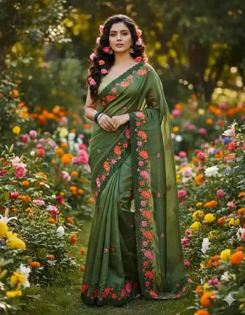 DESIGNER GOLD CRUSH MULTI EMBROIDERY WORK WITH BUTTA AND ARC CUTTING BORDER WORK SAREE WITH UNSTITCHED BLOUSE MEHNDI