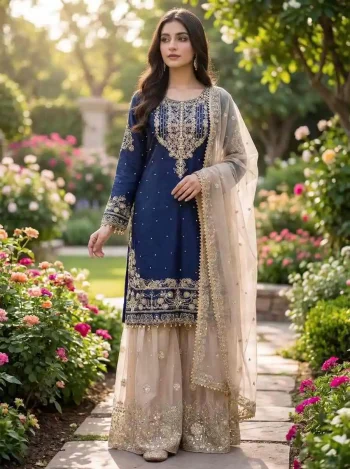 DESIGNER JC SILK EMBROIDERY CODING DORI-SEQUENCE WORK WITH RIVET MOTI WORK TOP SHARARA WITH DUPATTA BLUE