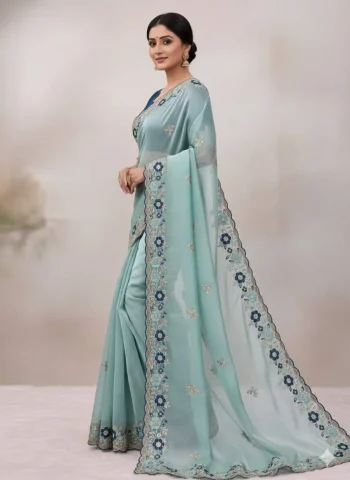 DESIGNER JC SILK EMBROIDERY WORK AND MULTI THREAD WORK WITH ARCO CUT WORK SAREE WITH UNSTITCHED BLOUSE SKY