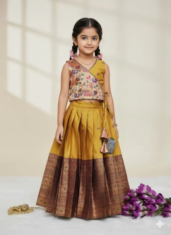 DESIGNER KANJIVARAM SILK ZARI WEAVING WORK KID'S LEHENGA CHOLI MUSTARD