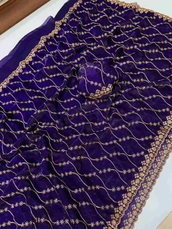 DESIGNER SPACE SILK SEQUENCE EMBROIDERY WORK WITH CUT BORDER WORK SAREE WITH UNSTITCHED BLOUSE PURPLE