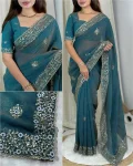 DESIGNER TISSUE CRUSH EMBROIDERY 3+5(DUAL) MM SEQUENCE WORK HEAVY BORDER WITH BUTTI WORK SAREE WITH UNSTITCHED BLOUSE RAMA