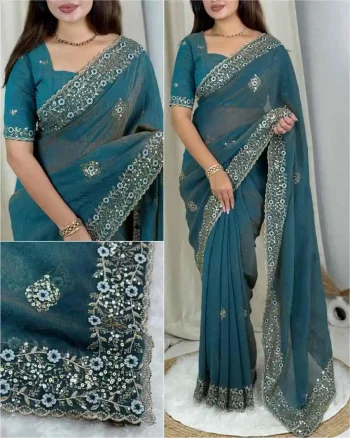 DESIGNER TISSUE CRUSH EMBROIDERY 3+5(DUAL) MM SEQUENCE WORK HEAVY BORDER WITH BUTTI WORK SAREE WITH UNSTITCHED BLOUSE RAMA