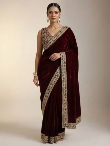 DESIGNER VELVET PLAIN WITH EMBROIDERY SEQUENCE WITH JARI DORI EMBROIDERY WORK BORDER SAREE WITH STITCHED BLOUSE MAROON