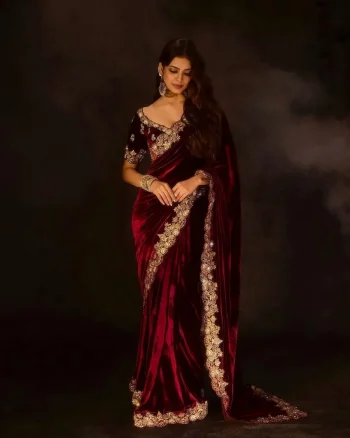DESIGNER VELVET SEQUENCE & JARI THREAD EMBROIDERY WITH BORDER AND CUTWORK SAREE WITH UNSTITCHED BLOUSE MAROON