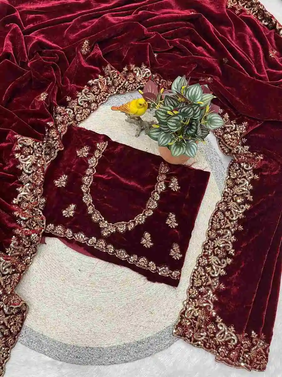 1DESIGNER VELVET SEQUENCE & JARI THREAD EMBROIDERY WITH BORDER AND CUTWORK SAREE WITH UNSTITCHED BLOUSE WEDDING WEAR WHOLESALE PRICE ETHNIC GARMENT (30).webp