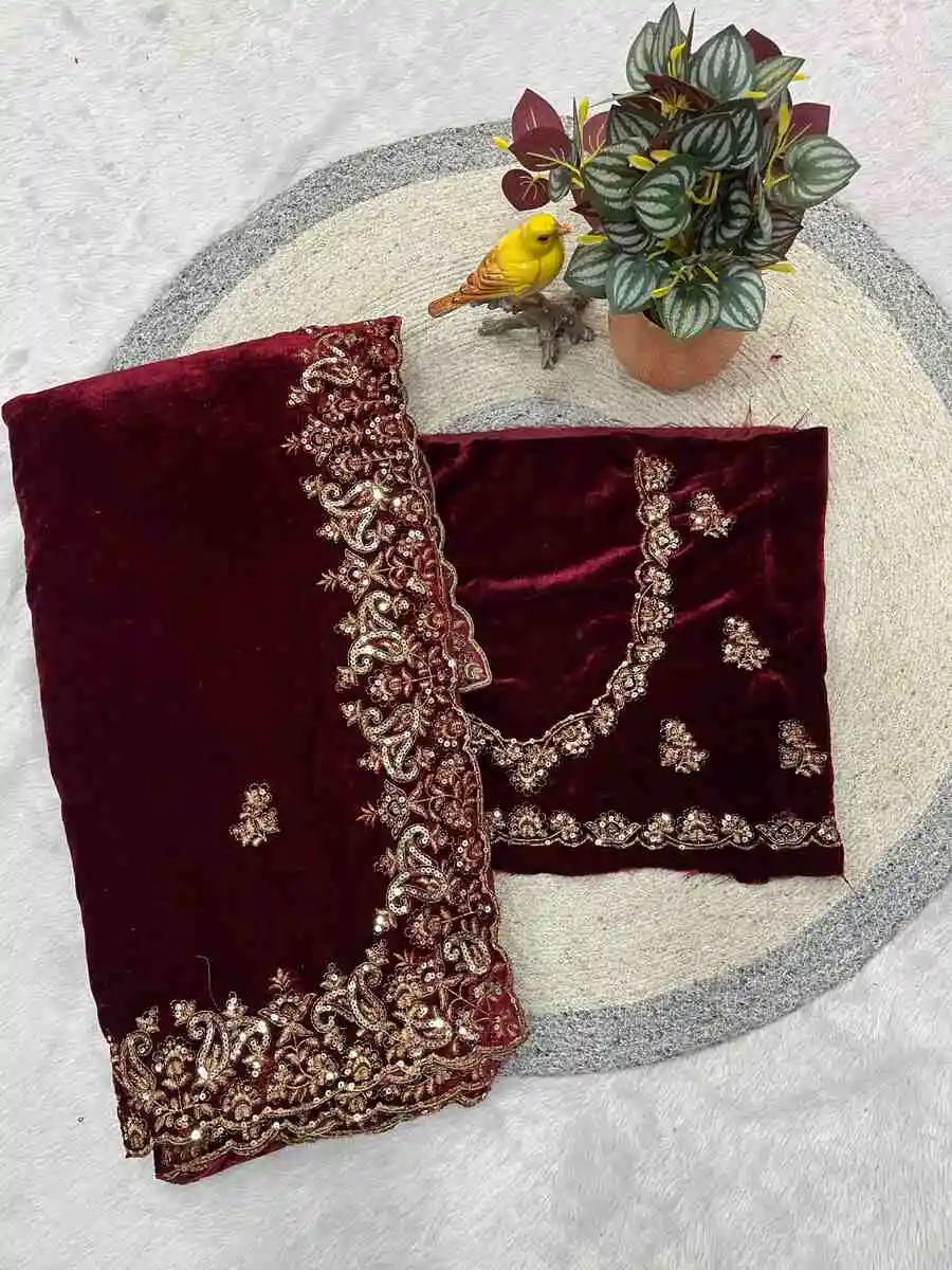 1DESIGNER VELVET SEQUENCE & JARI THREAD EMBROIDERY WITH BORDER AND CUTWORK SAREE WITH UNSTITCHED BLOUSE WEDDING WEAR WHOLESALE PRICE ETHNIC GARMENT (31)