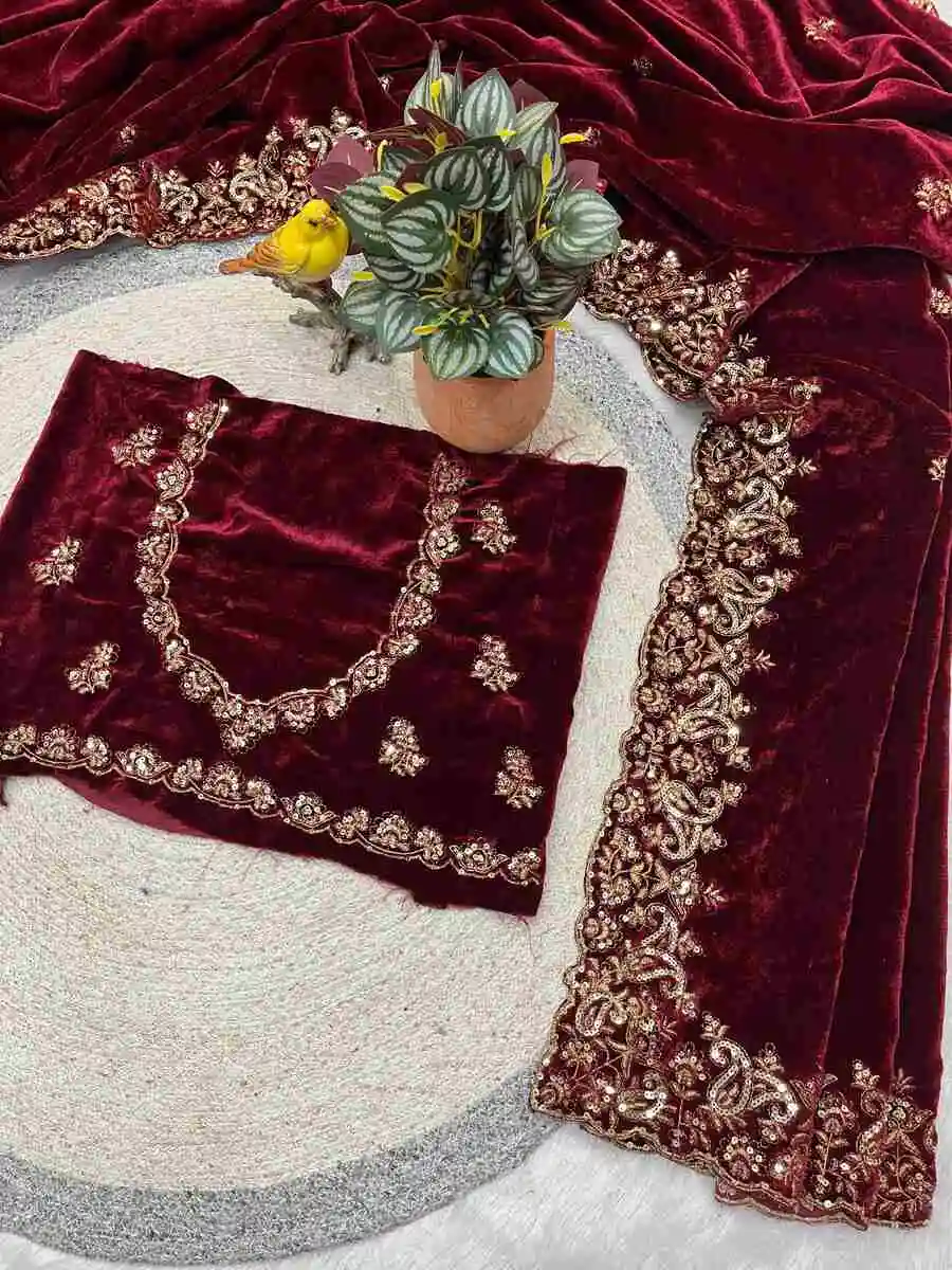1DESIGNER VELVET SEQUENCE & JARI THREAD EMBROIDERY WITH BORDER AND CUTWORK SAREE WITH UNSTITCHED BLOUSE WEDDING WEAR WHOLESALE PRICE ETHNIC GARMENT (32).webp
