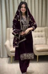 DESIGNER VISCOSE VELVET EMBROIDERY SEQUENCE WORK TOP BOTTOM WITH DUPATTA PURPLE