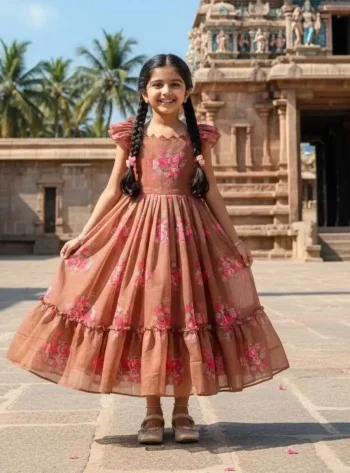 FANCY CHANDERI FLORAL PRINTED WORK KID'S GOWN GAJARI