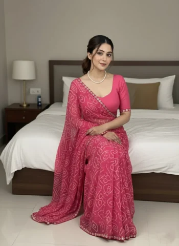 FANCY GEORGETTE BANDHEJ PRINT WITH LACE BORDER WORK SAREE WITH UNSTITCHED BLOUSE RANI