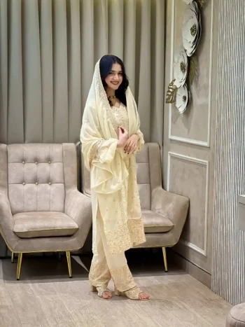 FANCY GEORGETTE EMBROIDERY SEQUENCE WORK TOP BOTTOM WITH DUPATTA OFF WHITE