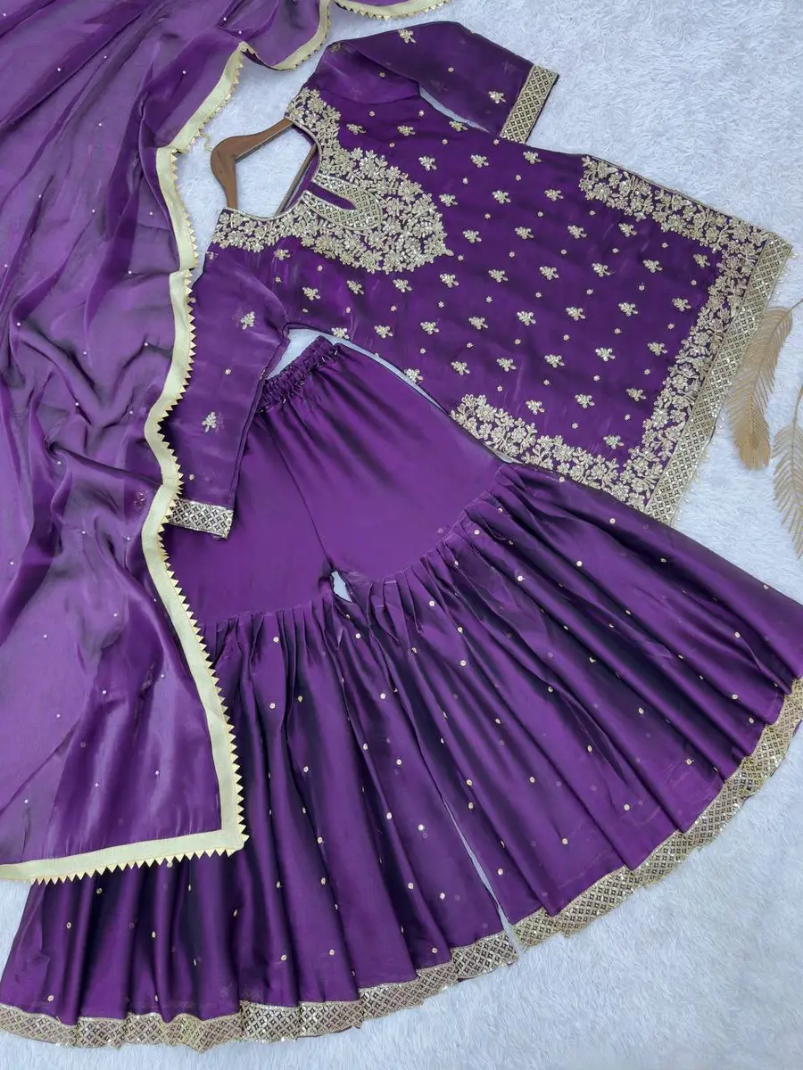 1FANCY GMY SILK EMBROIDERY SEQUENCE WORK WITH READY MADE LACE BORDER WORK TOP SHARARA WITH DUPATTA FESTIVE WEAR WHOLESALE PRICE ETHNIC GARMENT (26)