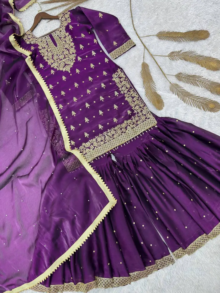 1FANCY GMY SILK EMBROIDERY SEQUENCE WORK WITH READY MADE LACE BORDER WORK TOP SHARARA WITH DUPATTA FESTIVE WEAR WHOLESALE PRICE ETHNIC GARMENT (27)