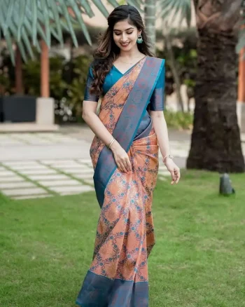 FANCY KANJIVARAM SILK RICH PALLU & JACQUARD WORK SAREE WITH UNSTITCHED BLOUSE PEACH AND SKY
