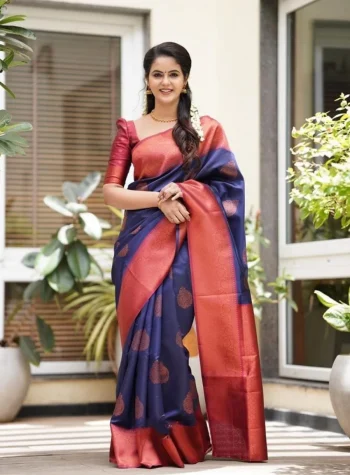 FANCY LICHI SILK RICH PALLU AND JACQUARD BORDER COPPER WORK SAREE WITH UNSTITCHED BLOUSE BLUE