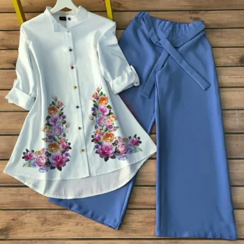 FANCY POLY RAYO PRINT WORK TUNIC TOP WITH PALAZZO SKY
