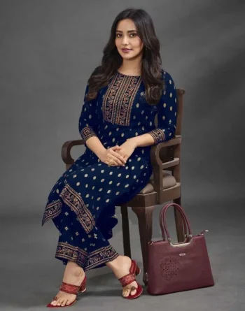 FANCY RAYON FOLI WORK TOP PALAZZO SET NAVY BLUE