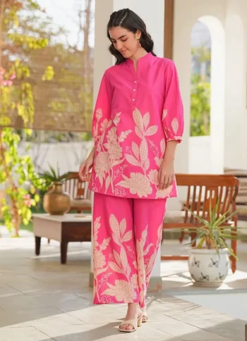 FANCY RAYON SLUB PRINTED WORK CO-ORD SET PINK