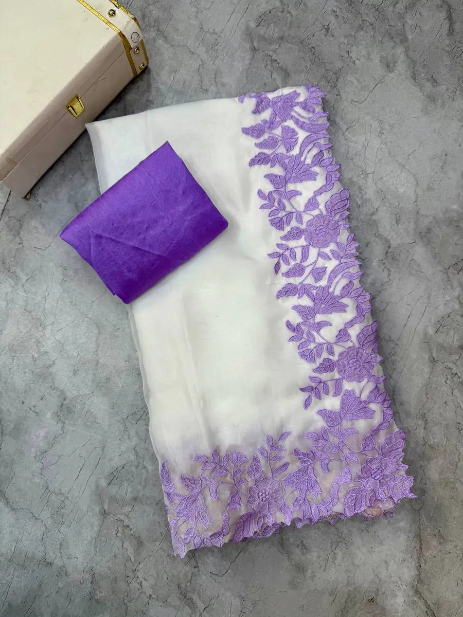 1FANCY TABBY ORGANZA THREAD WORK AND ARCO BORDER WORK SAREE WITH UNSTITCHED BLOUSE WEDDING WEAR WHOLESALE PRICE ETHNIC GARMENT (2)