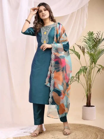 FANCY TAFETA SILK EMBROIDERY JARI WORK TOP BOTTOM WITH DUPATTA TEAL