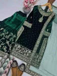 1FANCY VELVET EMBROIDERY CHAIN SEQUENCE WORK WITH RIVET MOTI HAND WORK TOP SHARARA WITH DUPATTA WEDDING WEAR WHOLESALE PRICE ETHNIC GARMENT (12)