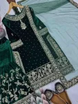 1FANCY VELVET EMBROIDERY CHAIN SEQUENCE WORK WITH RIVET MOTI HAND WORK TOP SHARARA WITH DUPATTA WEDDING WEAR WHOLESALE PRICE ETHNIC GARMENT (12)