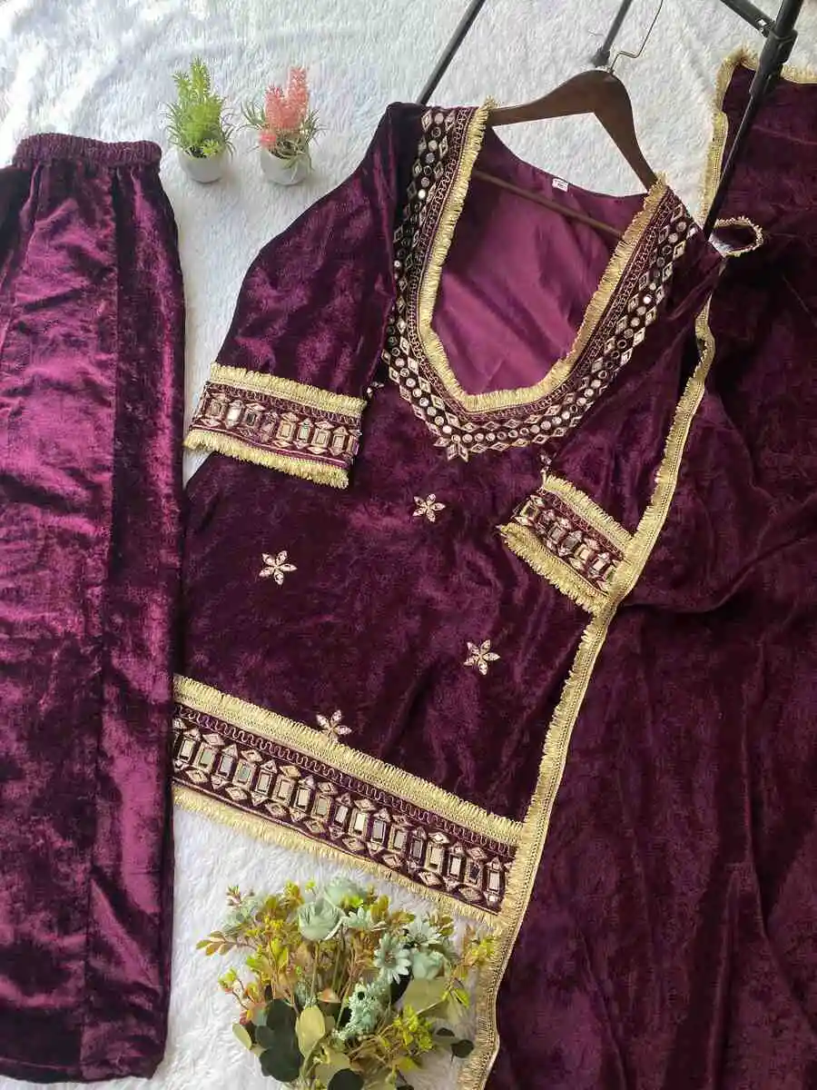 1FANCY VELVET REAL MIRROR WORK WITH EMBROIDERY WORK TOP BLOUSE PALAZZO WITH DUPATTA PARTY WEAR WHOLESALE PRICE ETHNIC GARMENT (31)