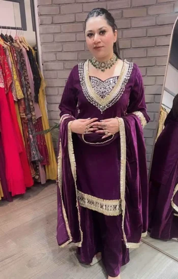 FANCY VELVET REAL MIRROR WORK WITH EMBROIDERY WORK TOP BLOUSE PALAZZO WITH DUPATTA PURPLE