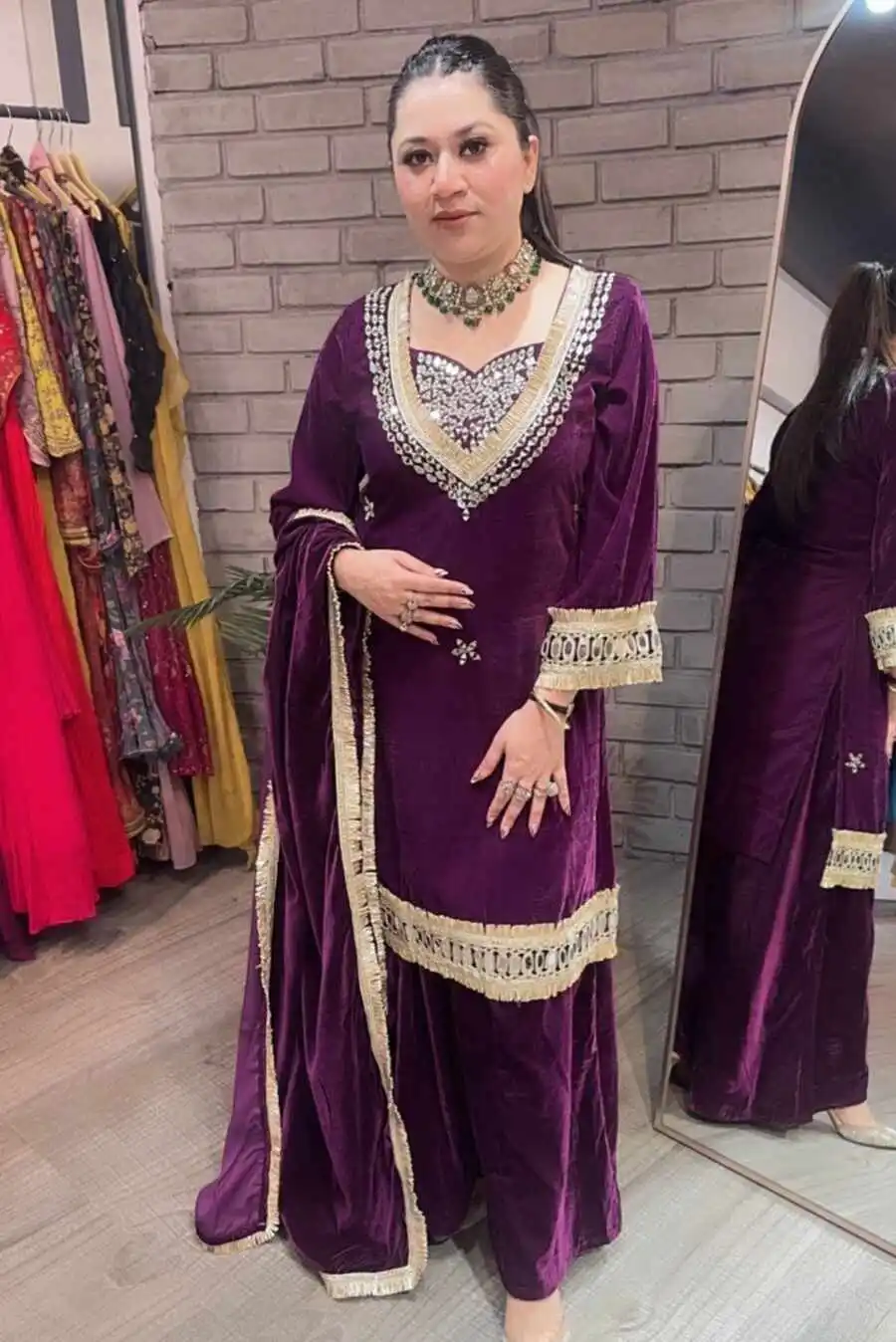 1FANCY VELVET REAL MIRROR WORK WITH EMBROIDERY WORK TOP BLOUSE PALAZZO WITH DUPATTA PARTY WEAR WHOLESALE PRICE ETHNIC GARMENT (36)