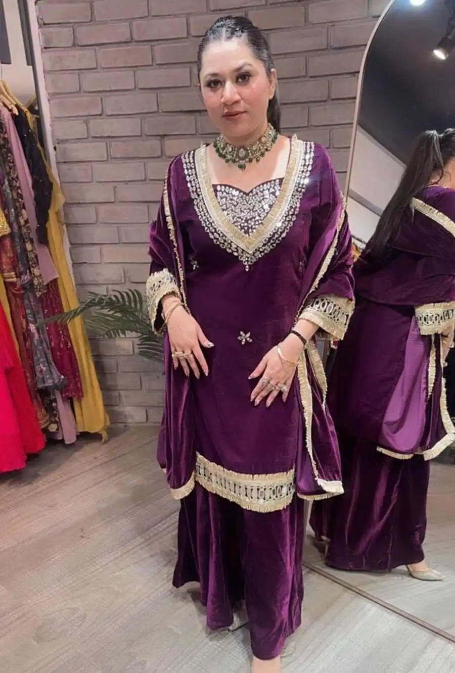 1FANCY VELVET REAL MIRROR WORK WITH EMBROIDERY WORK TOP BLOUSE PALAZZO WITH DUPATTA PARTY WEAR WHOLESALE PRICE ETHNIC GARMENT (37)