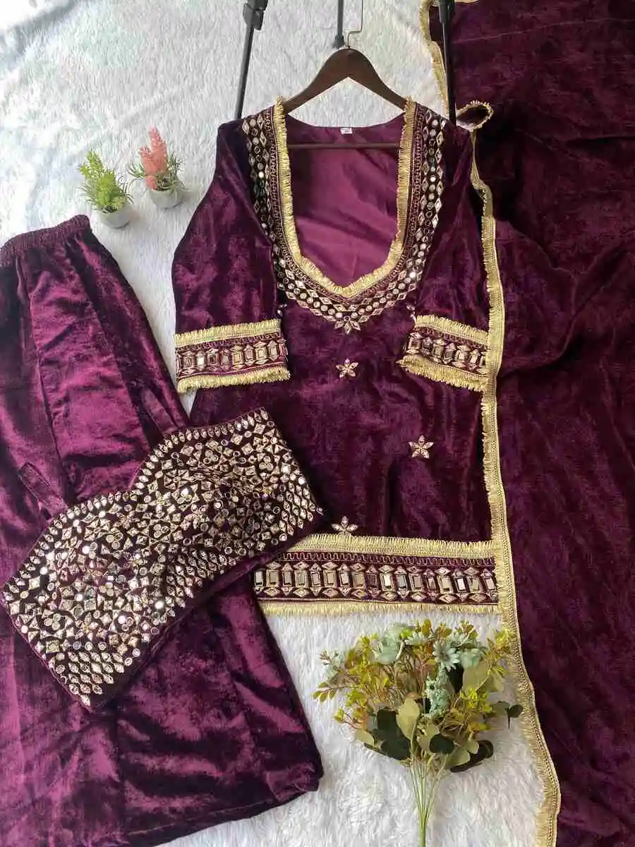 1FANCY VELVET REAL MIRROR WORK WITH EMBROIDERY WORK TOP BLOUSE PALAZZO WITH DUPATTA PARTY WEAR WHOLESALE PRICE ETHNIC GARMENT (38)