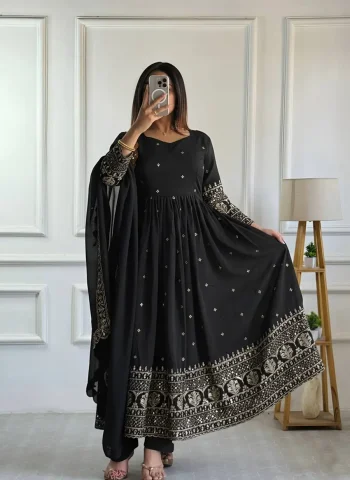 LATEST VICHITRA SILK EMBROIDERY SEQUENCE WORK GOWN BOTTOM WITH DUPATTA BLACK