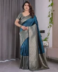 MODERN BANARASI SILK ZARI WOVEN WORK SAREE WITH UNSTITCHED BLOUSE TEAL