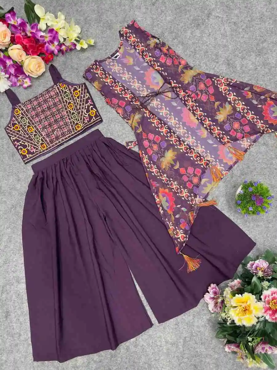 1MODERN CREPE EMBROIDERY WORK KID'S BLOUSE KOTI WITH PALAZZO SET FESTIVE WEAR WHOLESALE PRICE ETHNIC GARMENT (6)