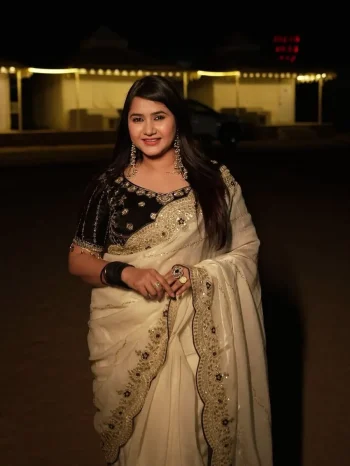 MODERN FENDY SATIN EMBROIDERY SEQUENCE WORK HEAVY BORDER WITH BUTTI WORK SAREE WITH STITCHED BLOUSE OFF WHITE