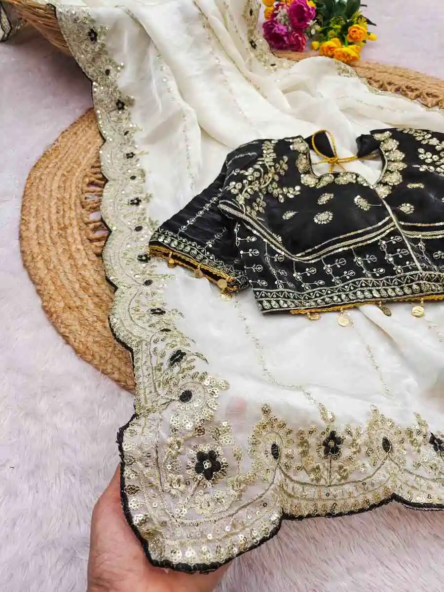 1MODERN FENDY SATIN EMBROIDERY SEQUENCE WORK HEAVY BORDER WITH BUTTI WORK SAREE WITH STITCHED BLOUSE WEDDING WEAR WHOLESALE PRICE ETHNIC GARMENT (7)