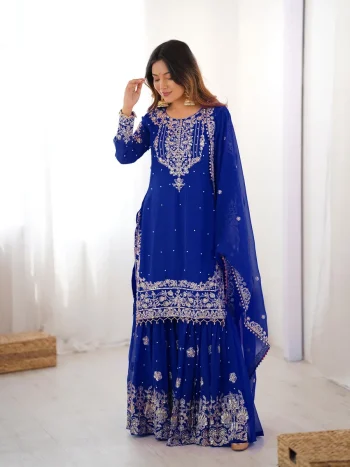 MODERN GEORGETTE CODING DORI EMBROIDERY WITH SEQUENCE & THREAD AND PEARL WORK TOP SHARARA WITH DUPATTA BLUE