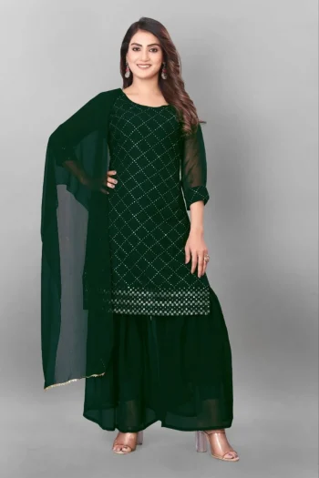 MODERN GEORGETTE EMBROIDERY WORK TOPM PALAZZO WITH DUPATTA GREEN