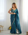 MODERN GOLD CRUSH PLAIN WITH FANCY LACE BORDER WORK READY TO WEAR SAREE WITH STITCHED BLOUSE TEAL