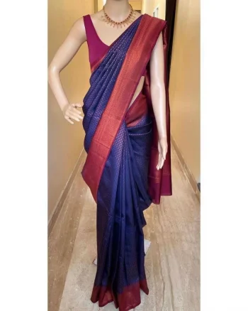 MODERN LICHI SILK BANARASI WEAVING WORK SAREE WITH UNSTITCHED BLOUSE NAVY BLUE