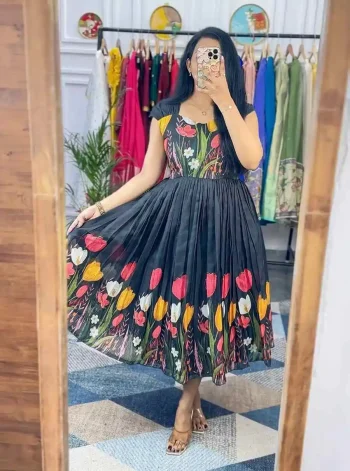 MODERN MUSLIN COTTON DIGITAL PRINT WORK ONE PIECE DRESS BLACK