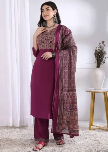 MODERN RAYON PRINTED WORK TOP BOTTOM WITH DUPATTA WINE