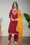 MODERN ROMAN SILK EMBROIDERY JARI AND RESHAM THREAD WORK TOP BOTTOM WITH DUPATTA RED