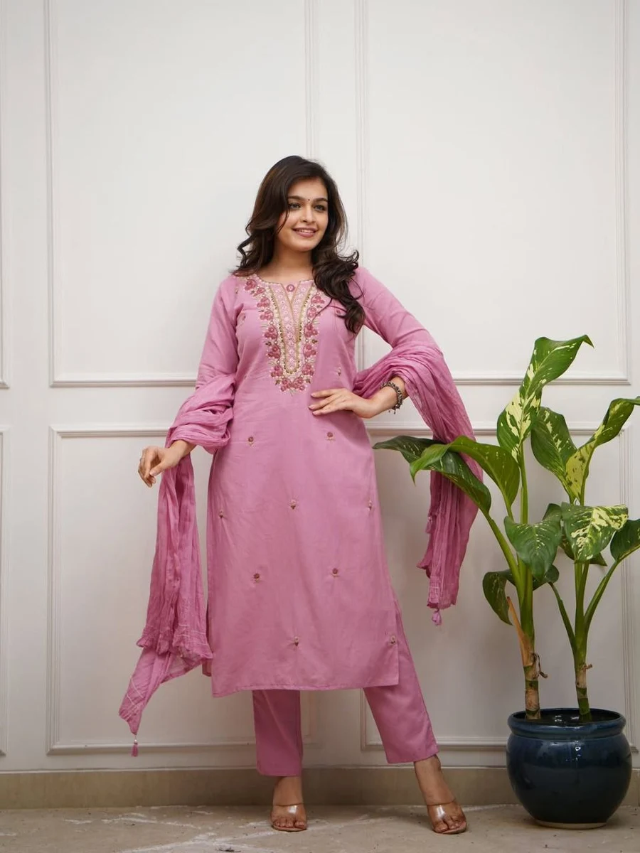 1MODERN SLUB COTTON SEQUENCE EMBROIDERY WORK TOP BOTTOM WITH DUPATTA OFFICE WEAR WHOLESALE PRICE ETHNIC GARMENT (2)