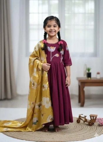 MODERN VICHITRA SILK HAND PAINTED WHIT MAGGAM WORK KID'S GOWN WITH DUPATTA WINE