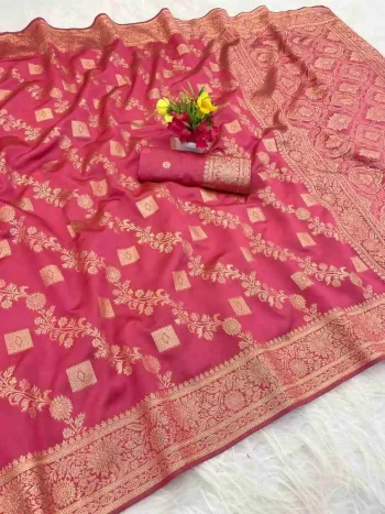 NEW ARRIVAL BANARASI SILK FLOWERS AND MINA & ZARI WEAVING WORK SAREE WITH UNSTITCHED BLOUSE PINK
