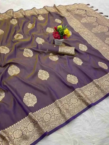 NEW ARRIVAL BANARASI SILK GOLDEN ZARI BUTTI WEAVING WORK SAREE WITH UNSTITCHED BLOUSE LAVENDER